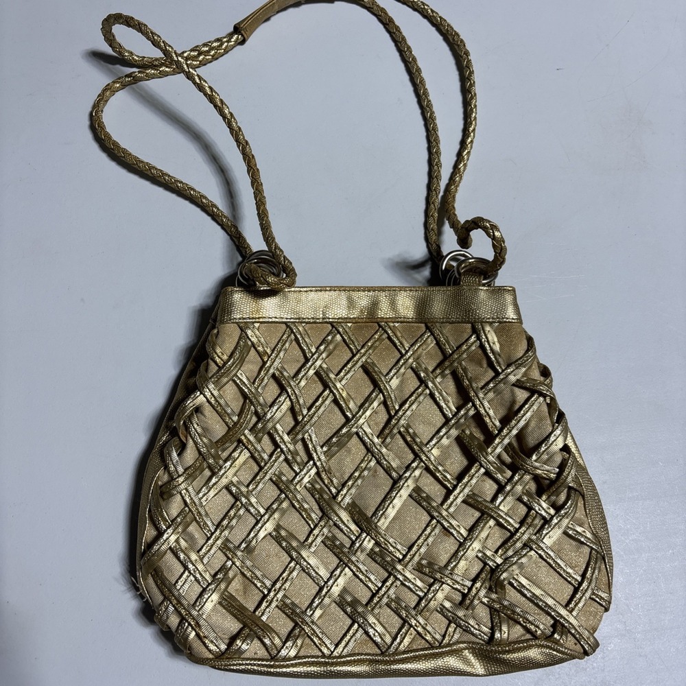 Vintage TIANNI Gold and tan Woven Criss Cross Hand Bag Purse